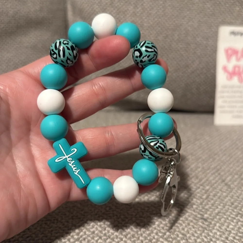 Teal and White Jesus Bracelet with Keychain and Prayer Square